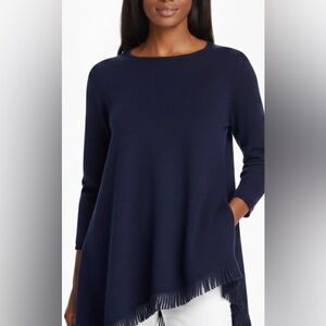 Premise 100% Cashmere Dark blue asymmetrical fringe hem sweater size large
